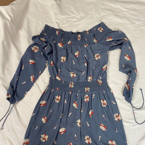 Abercrombie & Fitch Blue Floral Smocked Off The Shoulder Babydoll Mini Dress S - Picture 3 of 14